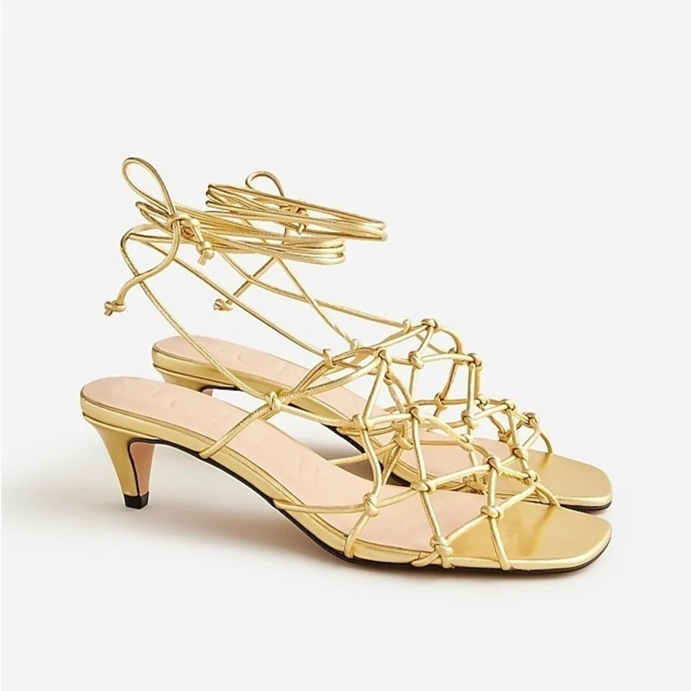 J Crew Zadie knotted lace-up kitten heels in metallic leather CA041